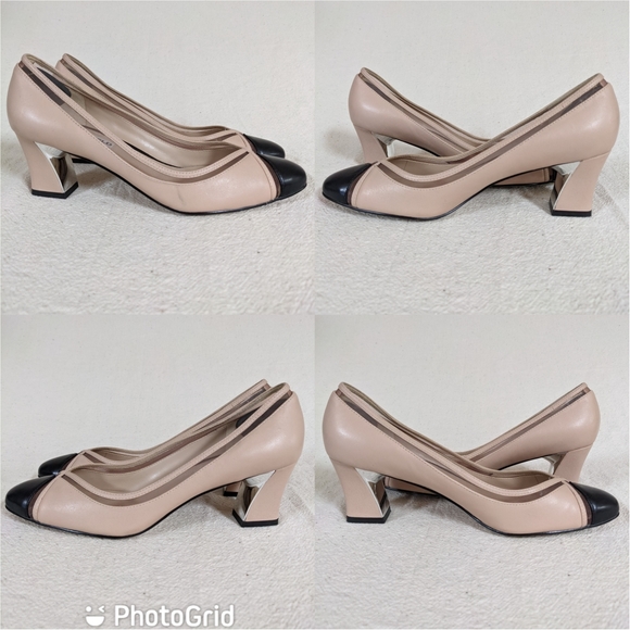 Karl Lagerfeld Sz 6.5 Pump Tan Black Colorblok Cut Out Mirror Chunky Block Heel - Picture 3 of 16